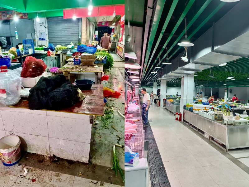 博林生鮮市場由原來的“衛(wèi)生狀況差、管理混亂,、攤位布局不合理”變成現在的“環(huán)境干凈整潔,、經營文明有序”。圖為菜市場提質改造前后對比圖,。 長沙晚報全媒體記者 袁雨晴 攝