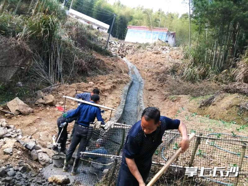 黃材鎮(zhèn)崔坪村在漆樹坑地質災害點修建一條水渠，避免地災點山澇滲漏,，確保沿線群眾安全,。  均為通訊員供圖